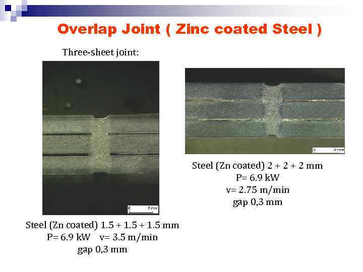 Overlap Joint ( Zinc coated Steel ) Three-sheet joint: Steel (Zn coated) 2 +