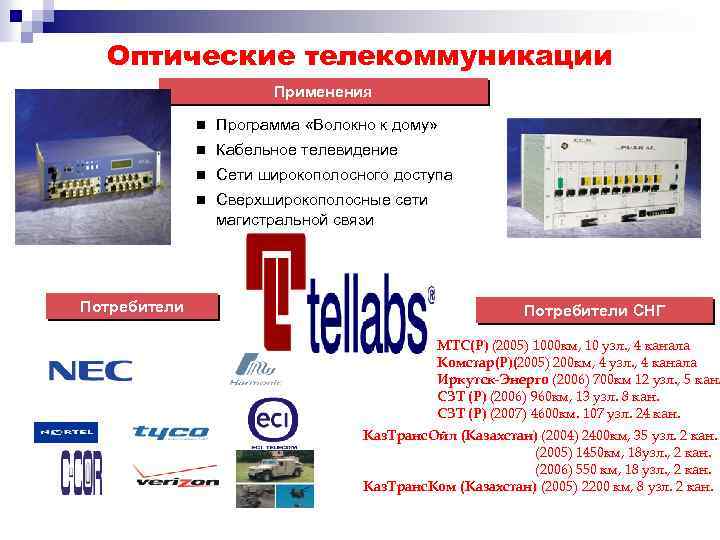 Оптические телекоммуникации Применения n n Кабельное телевидение n Сети широкополосного доступа n Потребители Программа