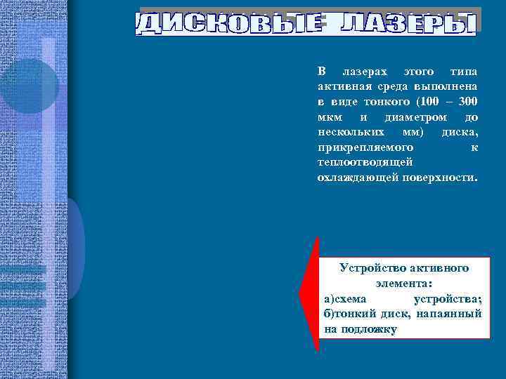 В лазерах этого типа активная среда выполнена в виде тонкого (100 – 300 мкм