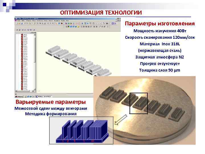 ОПТИМИЗАЦИЯ ТЕХНОЛОГИИ Параметры изготовления Мощность излучения 40 Вт Скорость сканирования 120 мм/сек Материал Inox