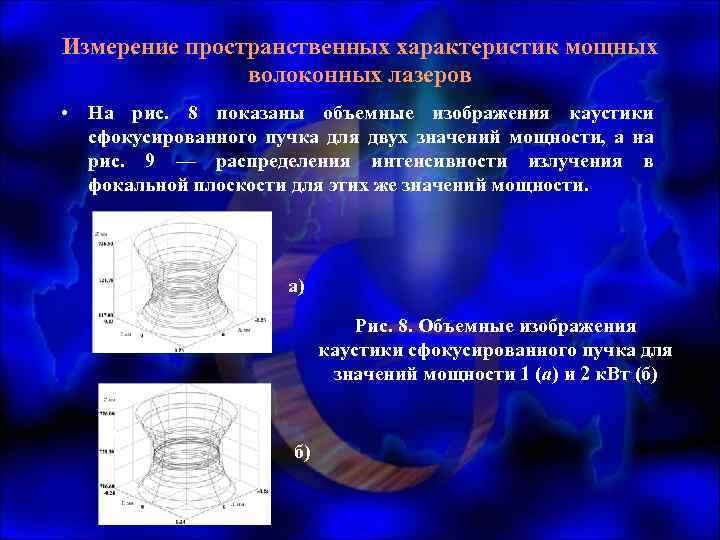 Измерение пространственных характеристик мощных волоконных лазеров • На рис. 8 показаны объемные изображения каустики