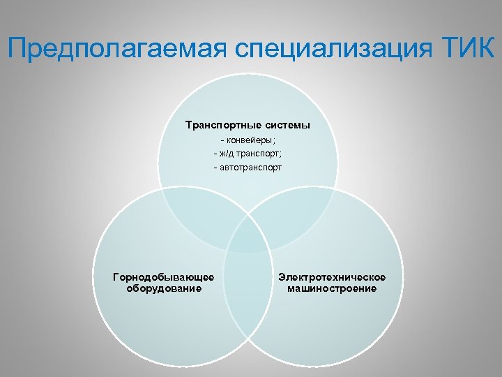 Предполагаемая специализация ТИК Транспортные системы - конвейеры; - ж/д транспорт; - автотранспорт Горнодобывающее оборудование