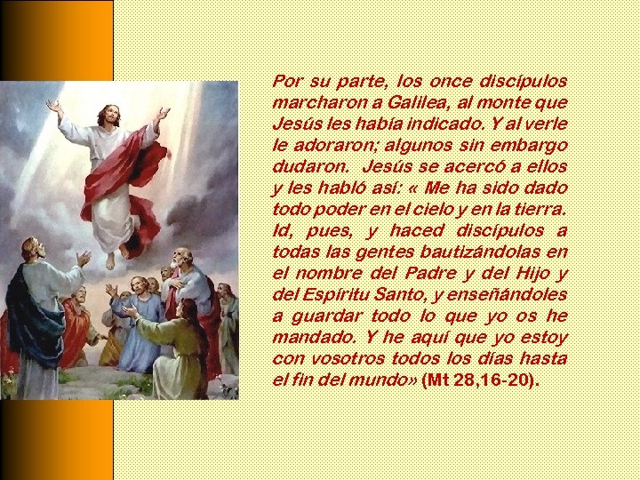 Por su parte, los once discípulos marcharon a Galilea, al monte que Jesús les