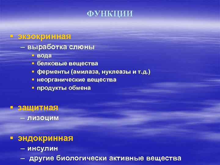 ФУНКЦИИ § экзокринная – выработка слюны § § § вода белковые вещества ферменты (амилаза,