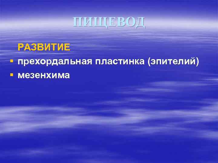ПИЩЕВОД РАЗВИТИЕ § прехордальная пластинка (эпителий) § мезенхима 