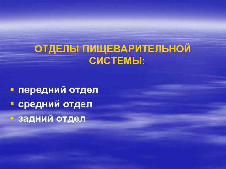 ОТДЕЛЫ ПИЩЕВАРИТЕЛЬНОЙ СИСТЕМЫ: § § § передний отдел средний отдел задний отдел 