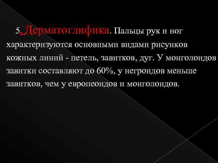 5. Дерматоглифика. Пальцы рук и ног характеризуются основными видами рисунков кожных линий - петель,