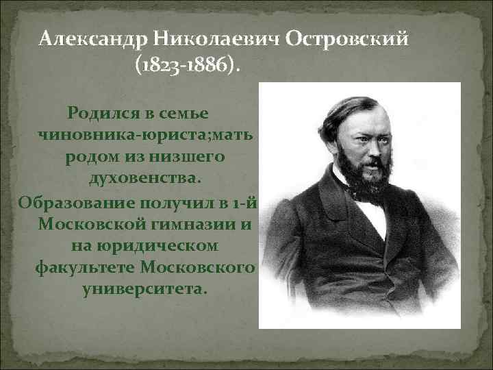  Александр Николаевич Островский (1823 -1886). Родился в семье чиновника-юриста; мать родом из низшего