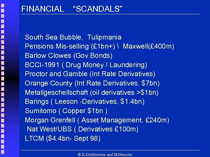 FINANCIAL “SCANDALS” South Sea Bubble, Tulipmania Pensions Mis-selling (£ 1 bn+)  Maxwell(£ 400