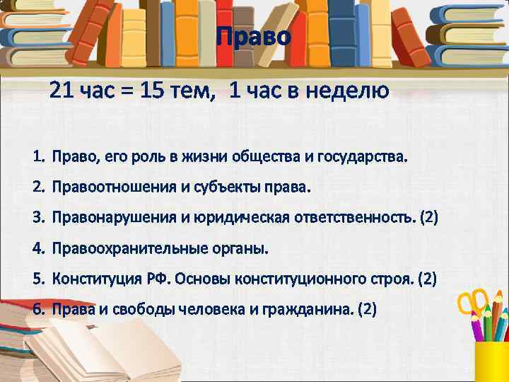 Право 21 час = 15 тем, 1 час в неделю 1. Право, его роль