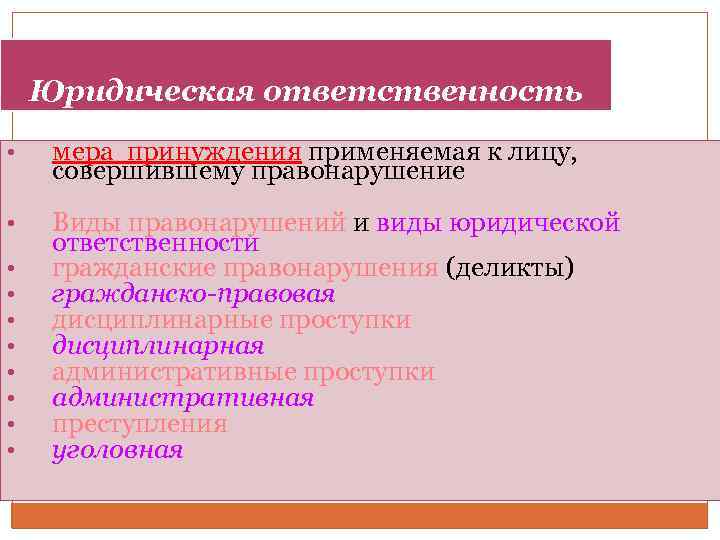 Юридическая ответственность • мера принуждения применяемая к лицу, совершившему правонарушение • Виды правонарушений и