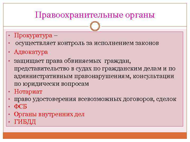 Правоохранительные органы • Прокуратура – • осуществляет контроль за исполнением законов • Адвокатура •