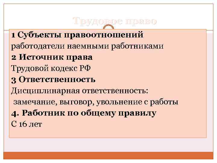 Трудовое право 1 Субъекты правоотношений работодатели наемными работниками 2 Источник права Трудовой кодекс РФ