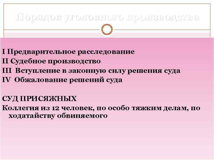 Порядок уголовного производства I Предварительное расследование II Судебное производство III Вступление в законную силу