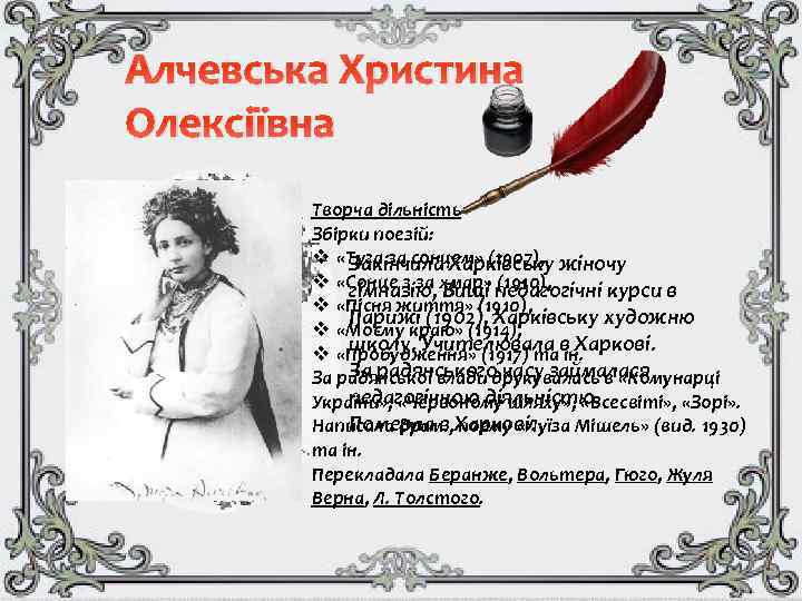 Алчевська Христина Олексіївна Творча дільність Збірки поезій: v «Туга за сонцем» (1907), Закінчила Харківську