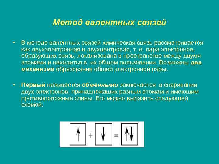 Метод валентных связей • В методе валентных связей химическая связь рассматривается как двухэлектронная и