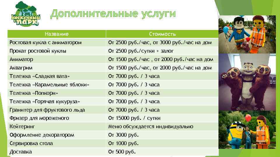 Дополнительные услуги Название Стоимость Ростовая кукла с аниматором От 2500 руб. /час, от 3000