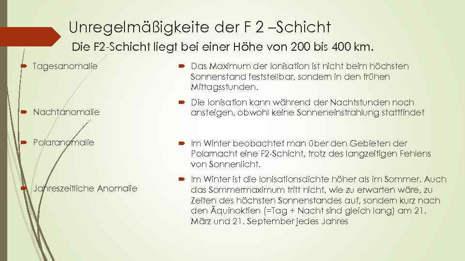 Unregelmäßigkeite der F 2 –Schicht Die F 2 -Schicht liegt bei einer Höhe von