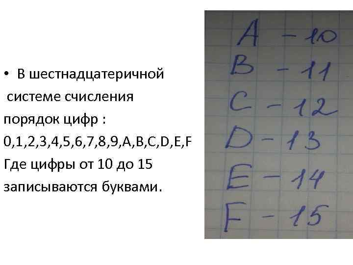  • В шестнадцатеричной системе счисления порядок цифр : 0, 1, 2, 3, 4,