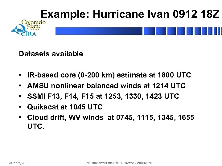 Example: Hurricane Ivan 0912 18 Z Datasets available • • • IR-based core (0