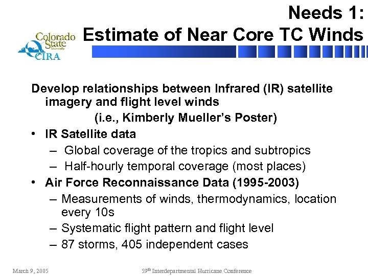 Needs 1: Estimate of Near Core TC Winds Develop relationships between Infrared (IR) satellite