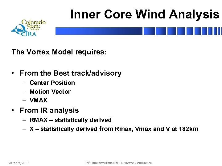 Inner Core Wind Analysis The Vortex Model requires: • From the Best track/advisory –