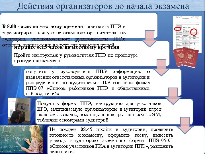 Действия организаторов до начала экзамена В 8. 00 часов по местному времени явиться в