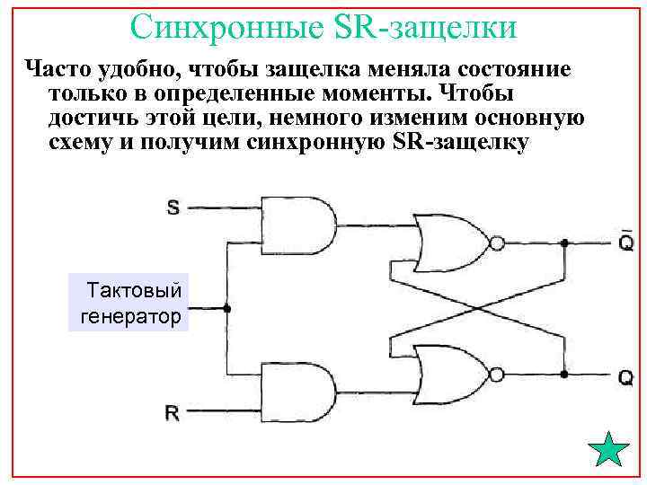 Синхронные SR-защелки Часто удобно, чтобы защелка меняла состояние только в определенные моменты. Чтобы достичь