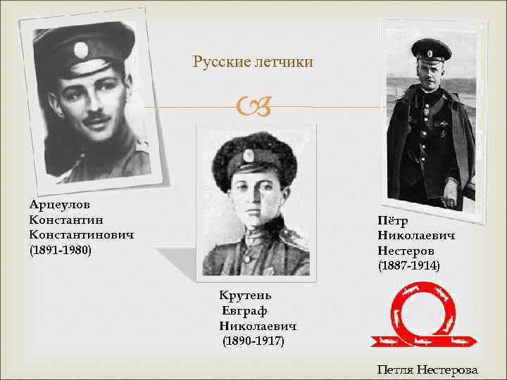Русские летчики Арцеулов Константинович (1891 -1980) Пётр Николаевич Нестеров (1887 -1914) Крутень Евграф Николаевич