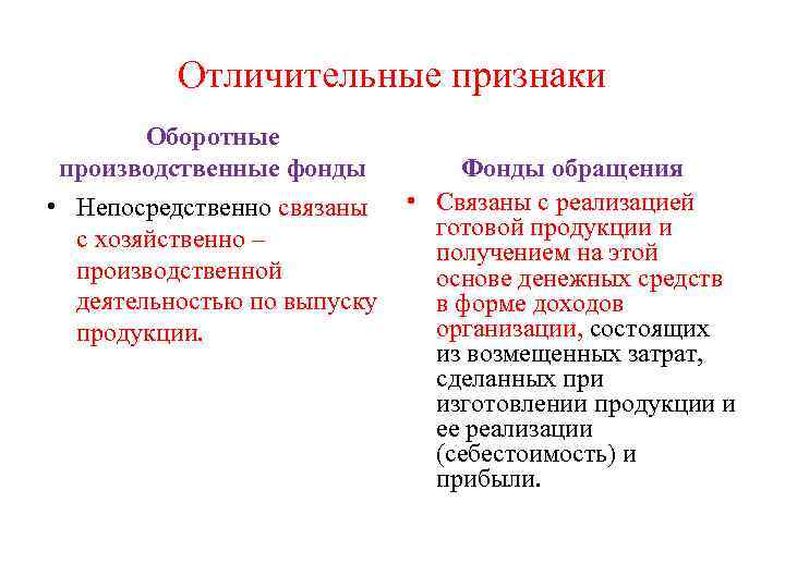 Отличительные признаки Оборотные производственные фонды • Непосредственно связаны с хозяйственно – производственной деятельностью по