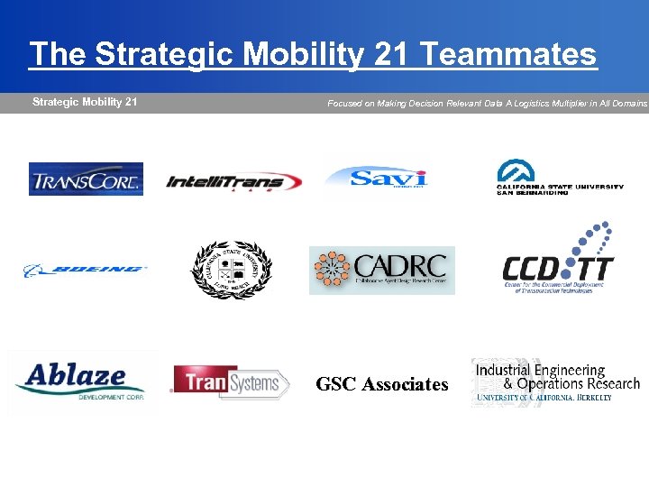 The Strategic Mobility 21 Teammates Strategic Mobility 21 Focused on Making Decision Relevant Data