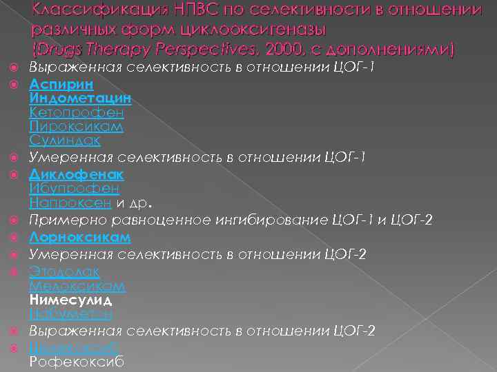 Классификация НПВС по селективности в отношении различных форм циклооксигеназы (Drugs Therapy Perspectives, 2000, с