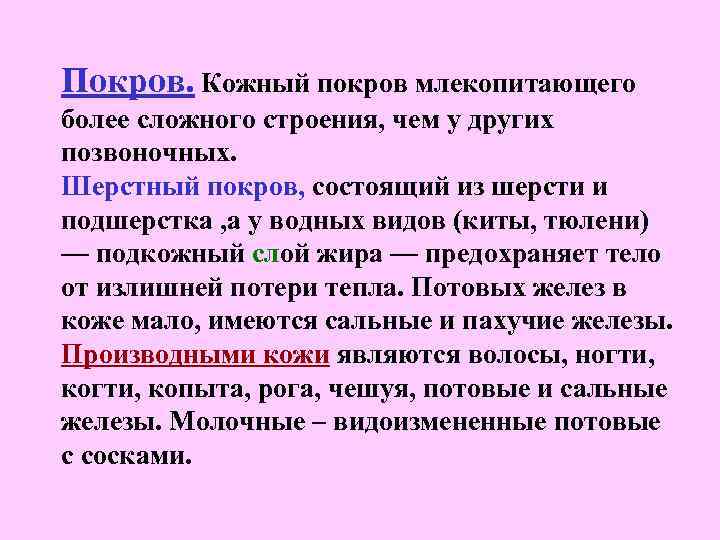 Покров. Кожный покров млекопитающего более сложного строения, чем у других позвоночных. Шерстный покров, состоящий