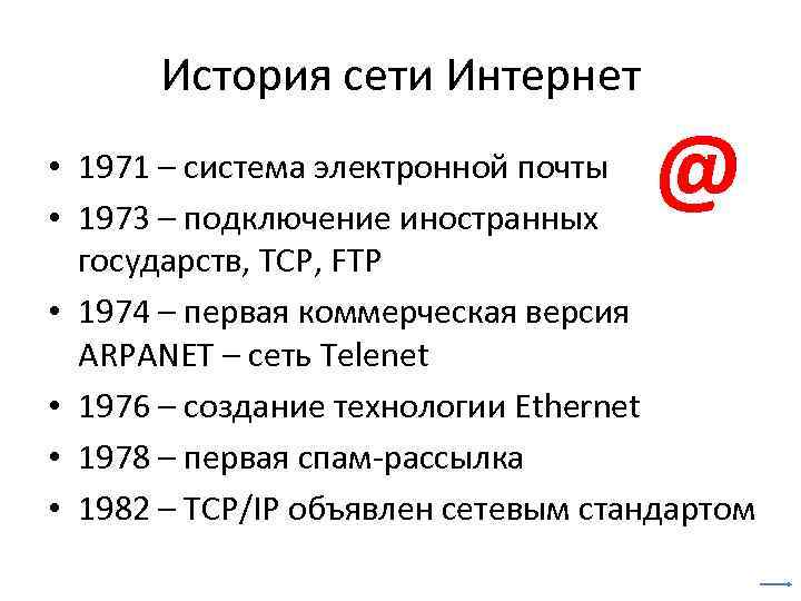 История сети Интернет @ • 1971 – система электронной почты • 1973 – подключение