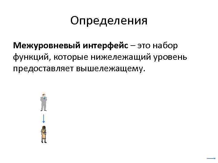 Определения Межуровневый интерфейс – это набор функций, которые нижележащий уровень предоставляет вышележащему. 