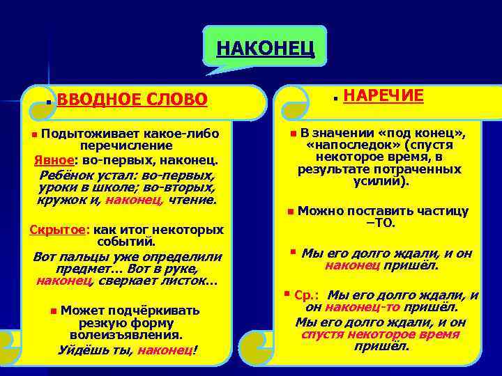 НАКОНЕЦ n ВВОДНОЕ СЛОВО n НАРЕЧИЕ n В значении «под конец» , «напоследок» (спустя