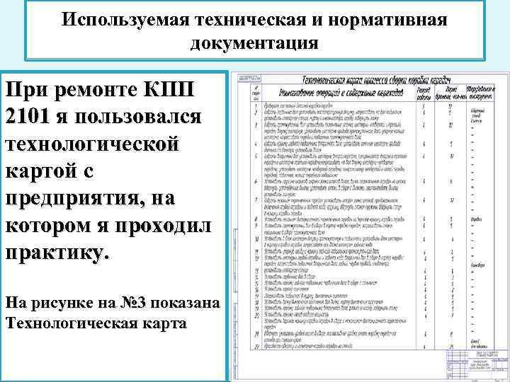 Используемая техническая и нормативная документация При ремонте КПП 2101 я пользовался технологической картой с