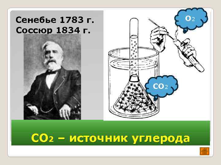 О 2 Сенебье 1783 г. Соссюр 1834 г. СО 2 – источник углерода 