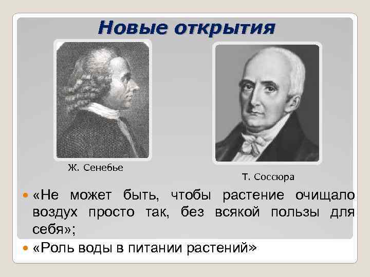 Новые открытия Ж. Сенебье Т. Соссюра «Не может быть, чтобы растение очищало воздух просто
