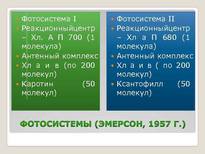  Фотосистема I Реакционный ентр ц – Хл. А П 700 (1 молекула) Антенный