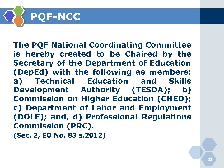PQF-NCC The PQF National Coordinating Committee is hereby created to be Chaired by the