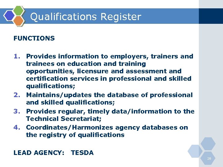Qualifications Register FUNCTIONS 1. Provides information to employers, trainers and trainees on education and