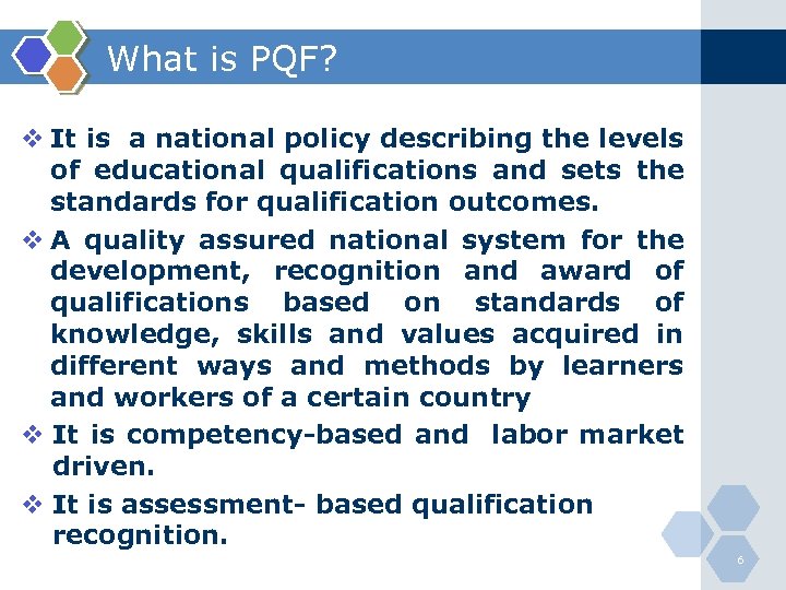 What is PQF? v It is a national policy describing the levels of educational