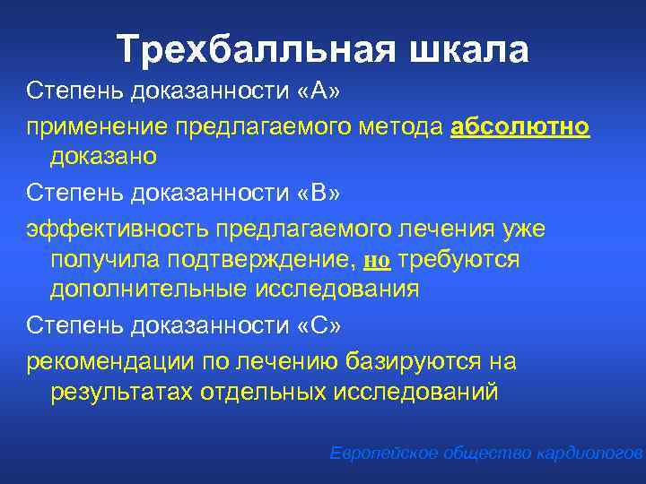 Трехбалльная шкала Степень доказанности «А» применение предлагаемого метода абсолютно доказано Степень доказанности «В» эффективность