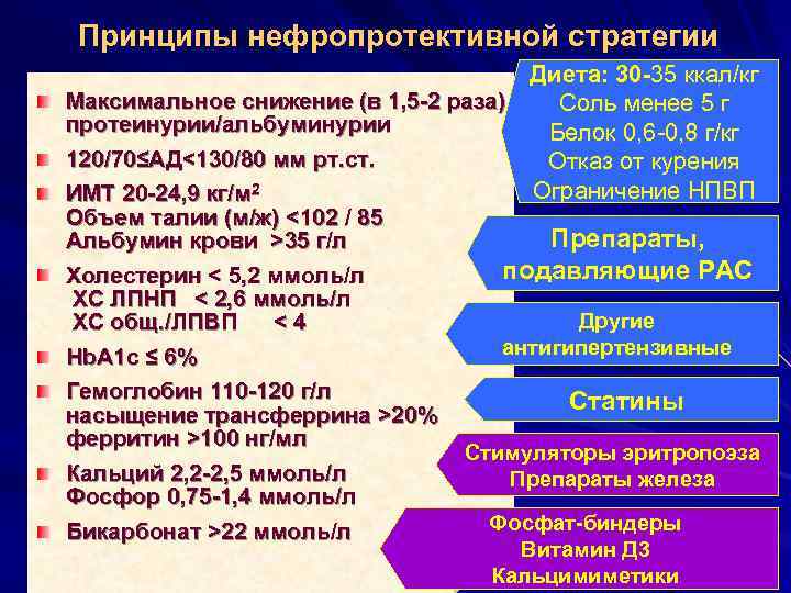 Принципы нефропротективной стратегии Диета: 30 -35 ккал/кг Максимальное снижение (в 1, 5 -2 раза)