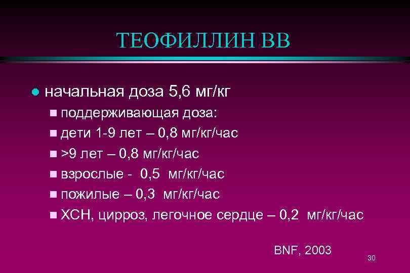 ТЕОФИЛЛИН ВВ l начальная доза 5, 6 мг/кг n поддерживающая доза: n дети 1