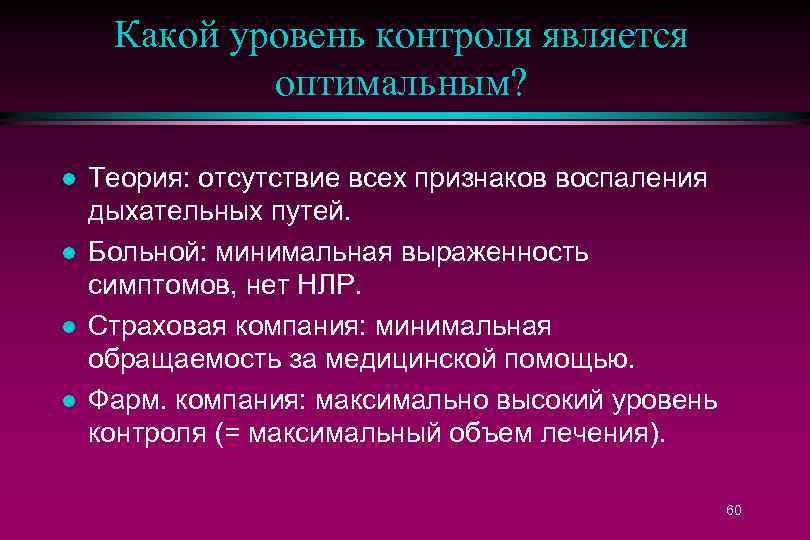 Какой уровень контроля является оптимальным? l l Теория: отсутствие всех признаков воспаления дыхательных путей.