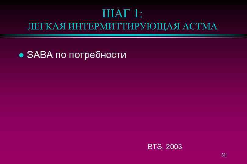 ШАГ 1: ЛЕГКАЯ ИНТЕРМИТТИРУЮЩАЯ АСТМА l SABA по потребности BTS, 2003 69 