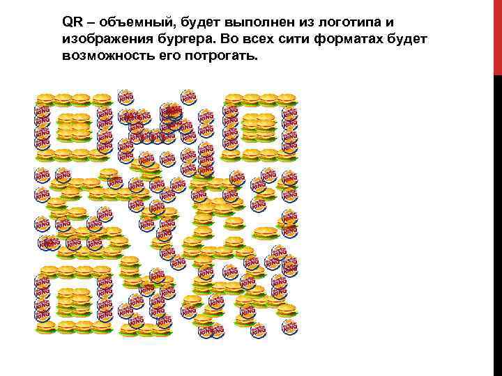 QR – объемный, будет выполнен из логотипа и изображения бургера. Во всех сити форматах