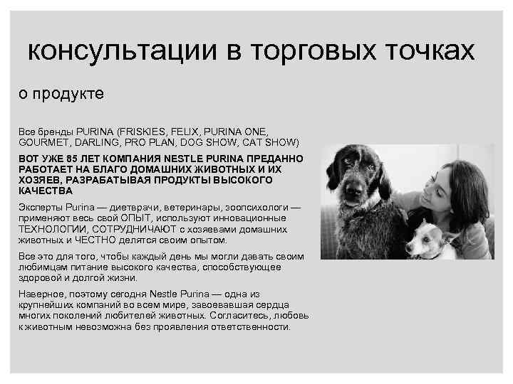 консультации в торговых точках о продукте Все бренды PURINA (FRISKIES, FELIX, PURINA ONE, GOURMET,